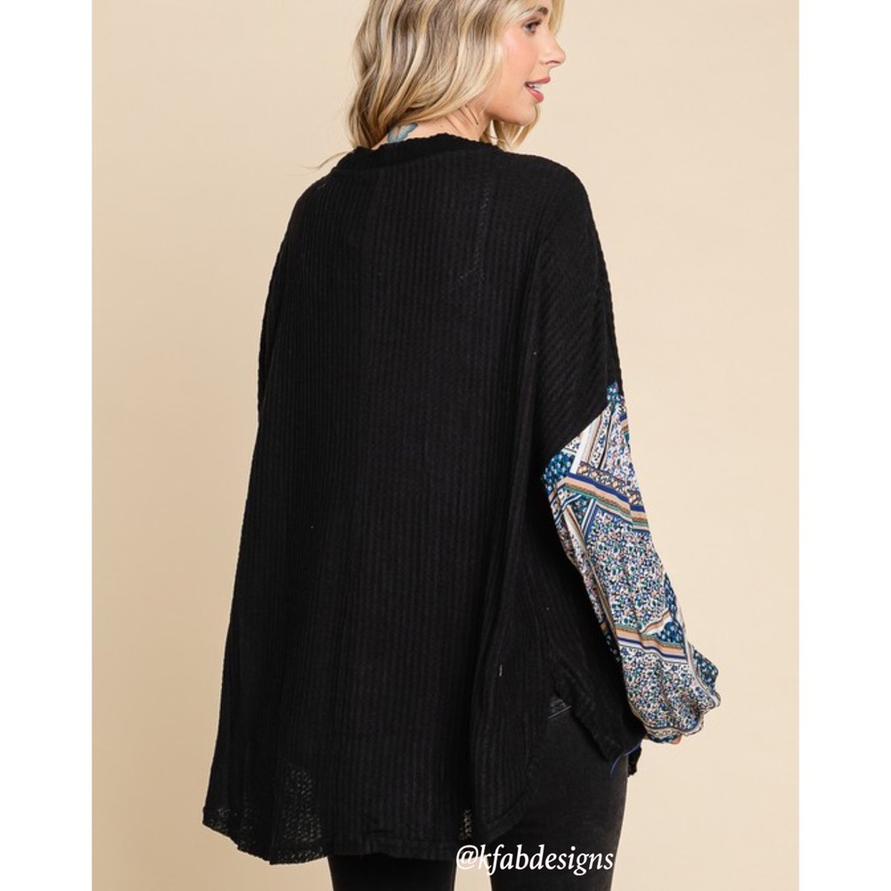 LAST 1! Boho Balloon Sleeve Black/Blue Waffle Knit Oversized Button Down Top - Picture 7 of 7